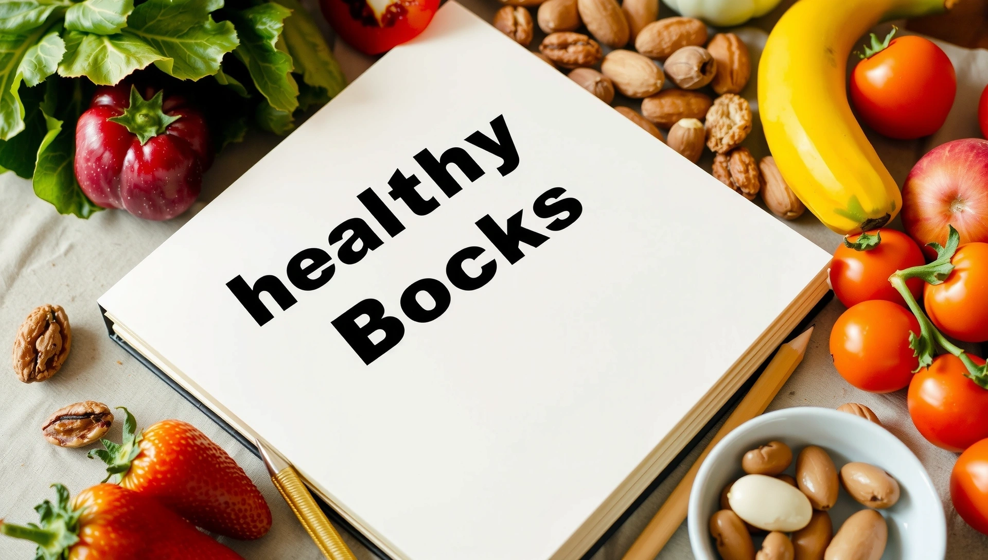 Ein offenes Notizbuch mit gesunden Lebensmitteln wie Obst, Gemüse und Nüssen, gemütlich und einladend angeordnet auf einem Holztisch.