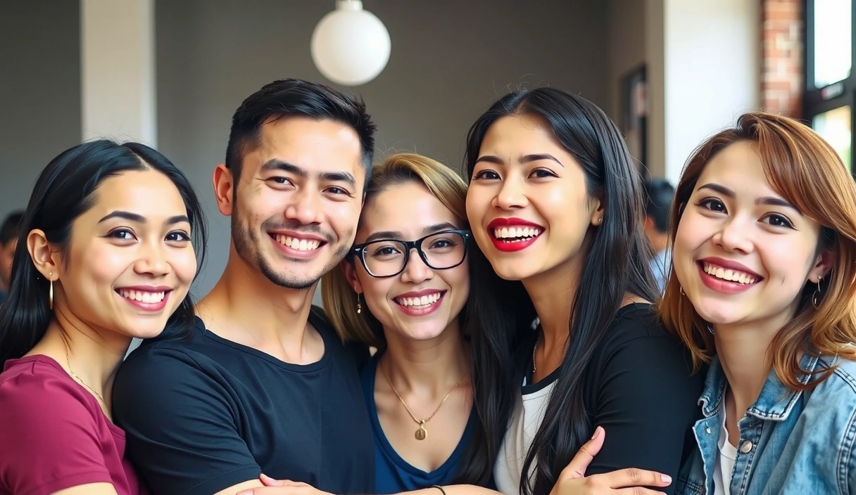 Gruppe glücklicher, gesunder Menschen, die zusammen lachen.