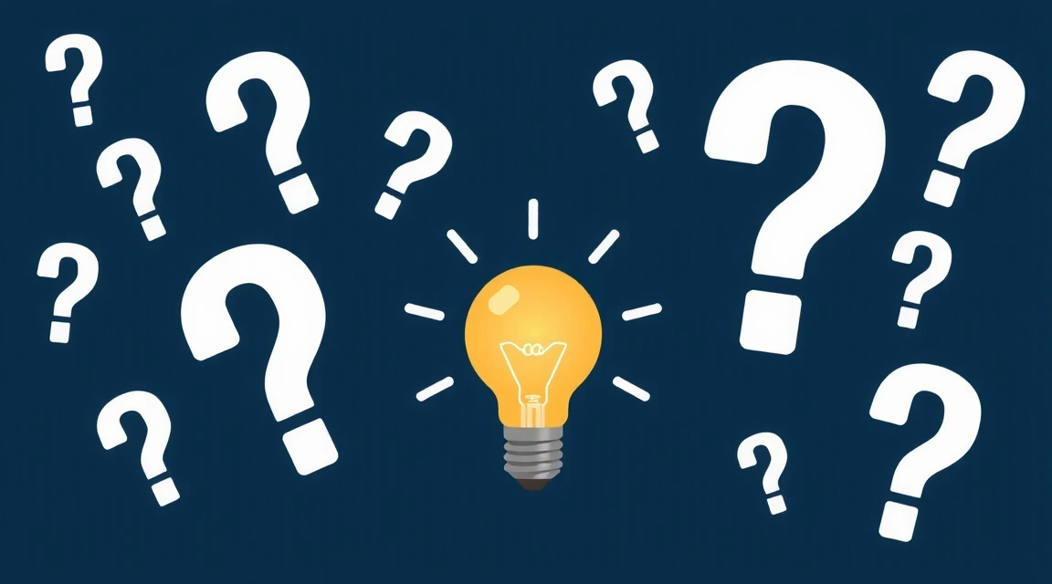 Illustration von Fragezeichen und einer Glühbirne, die für Fragen und Erkenntnisse stehen.