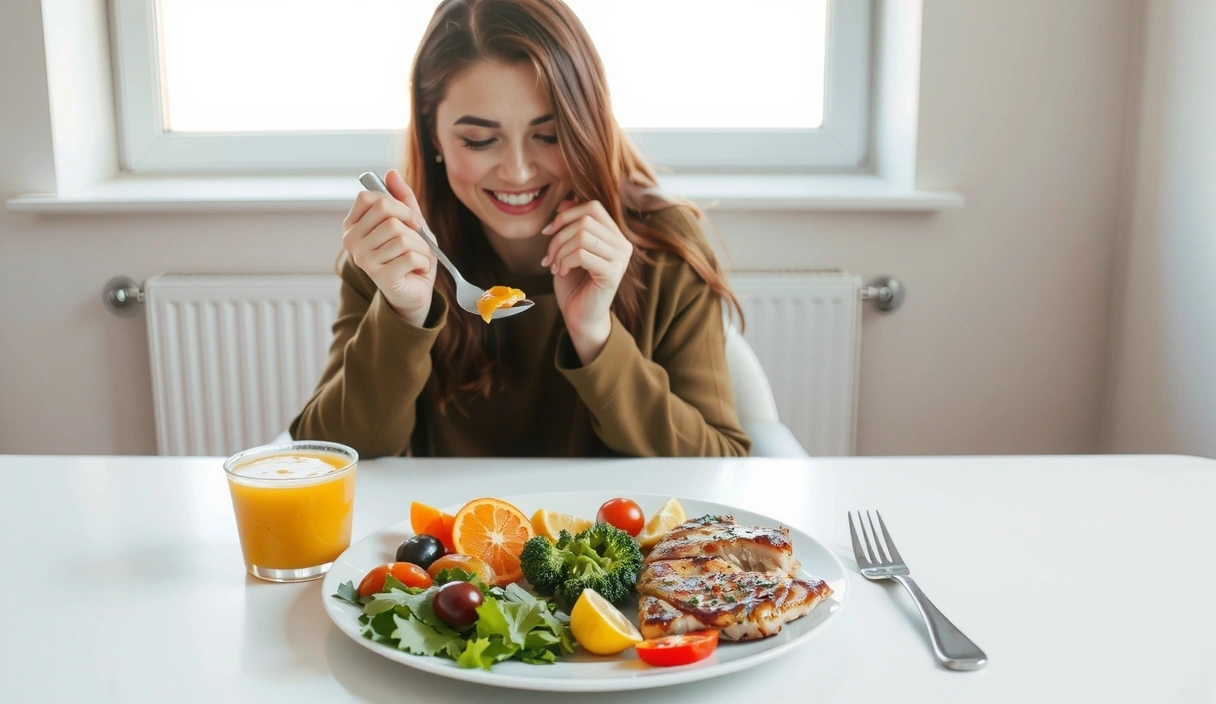 Eine Person genießt genüsslich eine gesunde Mahlzeit, umgeben von frischen Zutaten.