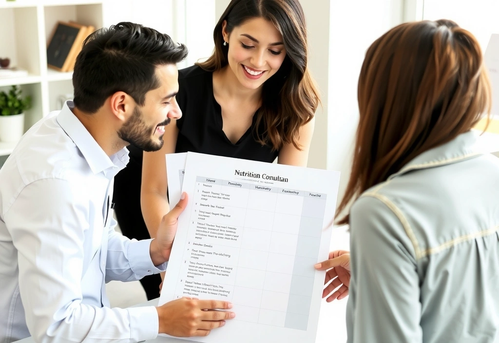 Eine Beraterin erklärt einem Klienten einen individuellen Ernährungsplan, Fokus auf persönliche Betreuung