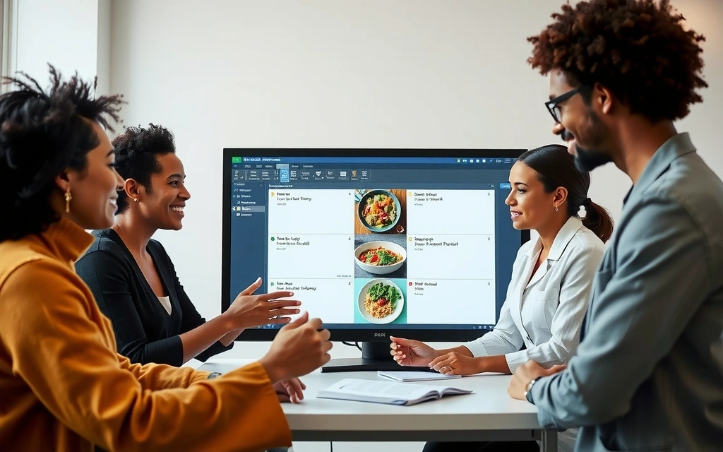 Ein Team von Ernährungsberatern bespricht gemeinsam Ernährungspläne in einem modernen Büro.